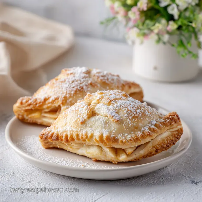 Apple turnover on a white plate, dusted with powdered sugar. Cinnamon stick and apple slice provide a rustic, elegant garn...