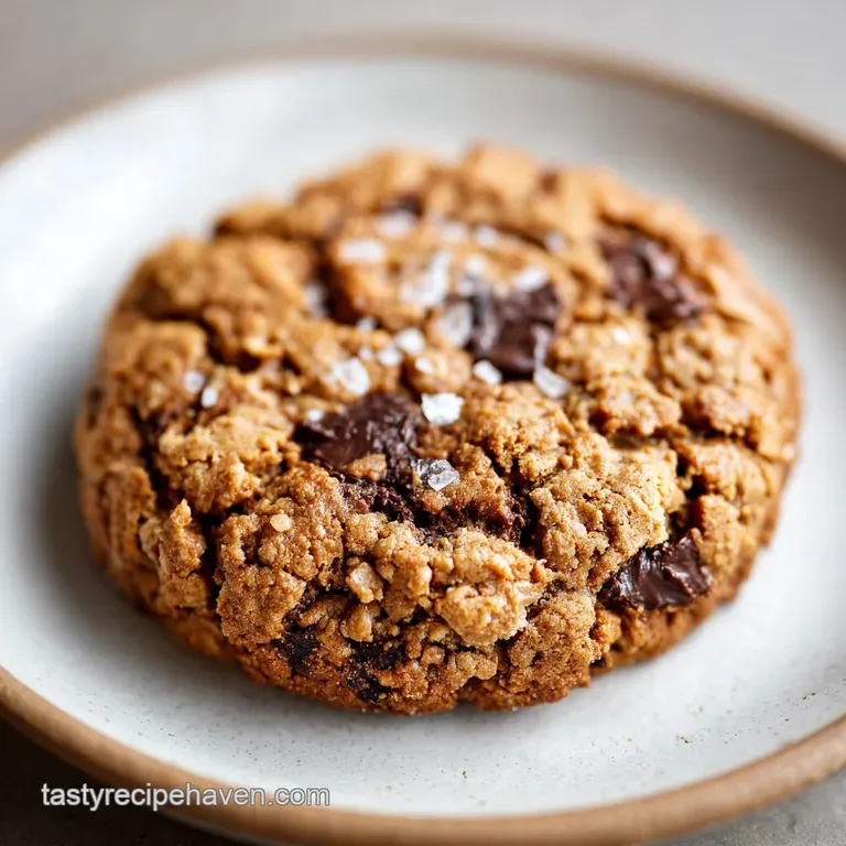 A single, warm cookie on a plate, revealing melted chocolate and coarse oatmeal, with a rustic, inviting, homemade look.