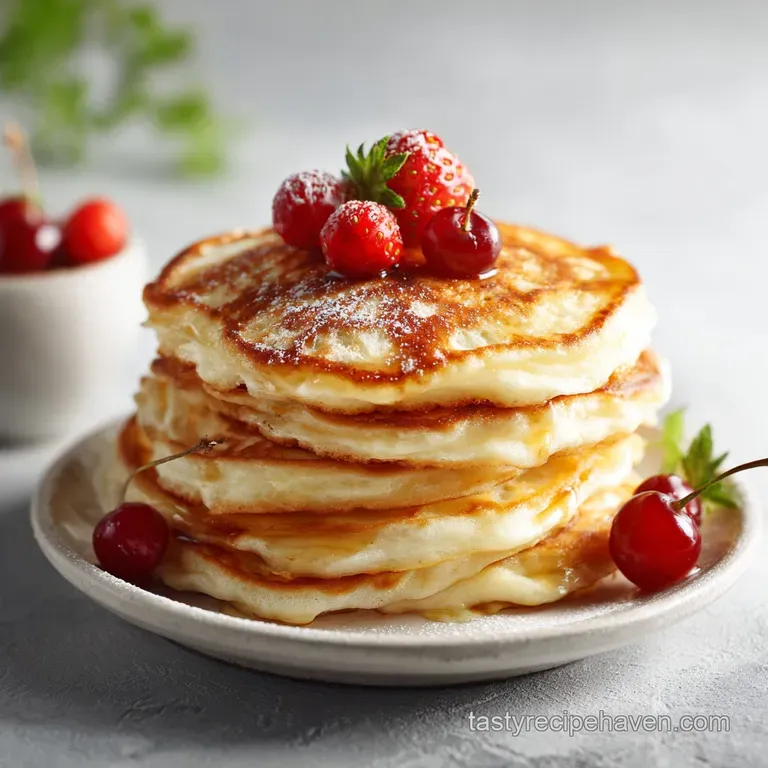 An artfully plated stack of light, airy pancakes adorned with fresh berries and a dusting of powdered sugar.