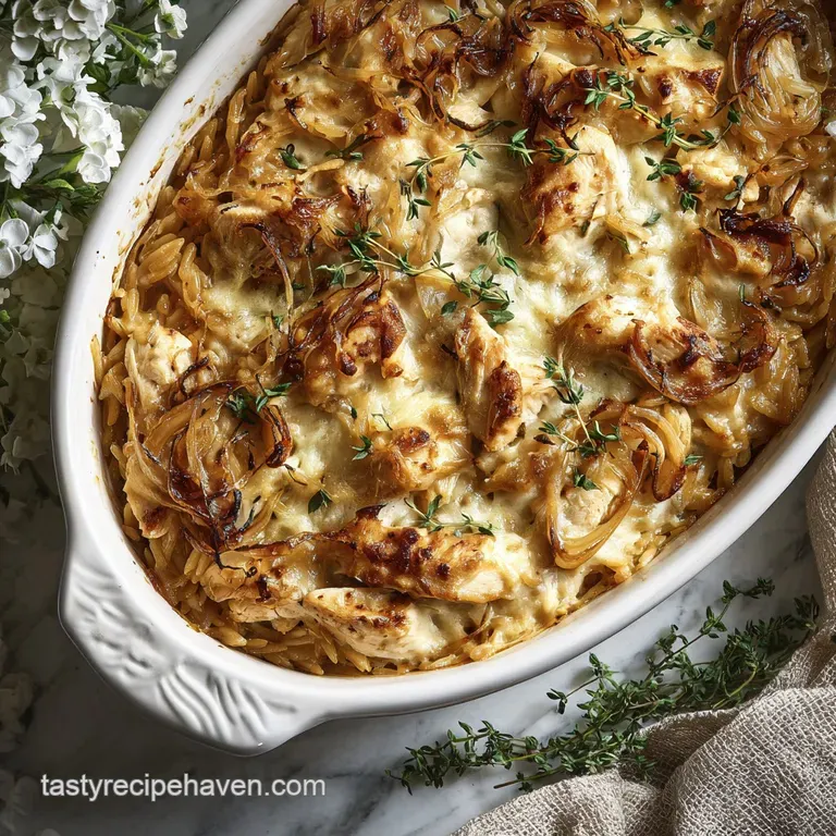 Elegant plate of creamy orzo, tender chicken, and golden crust; parsley garnish adds freshness. Light steam rises.