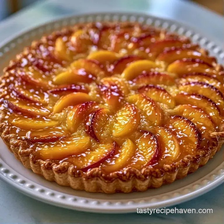 A slice of glazed fruit pastry on a white marble plate with powdered sugar and a fresh green mint sprig.