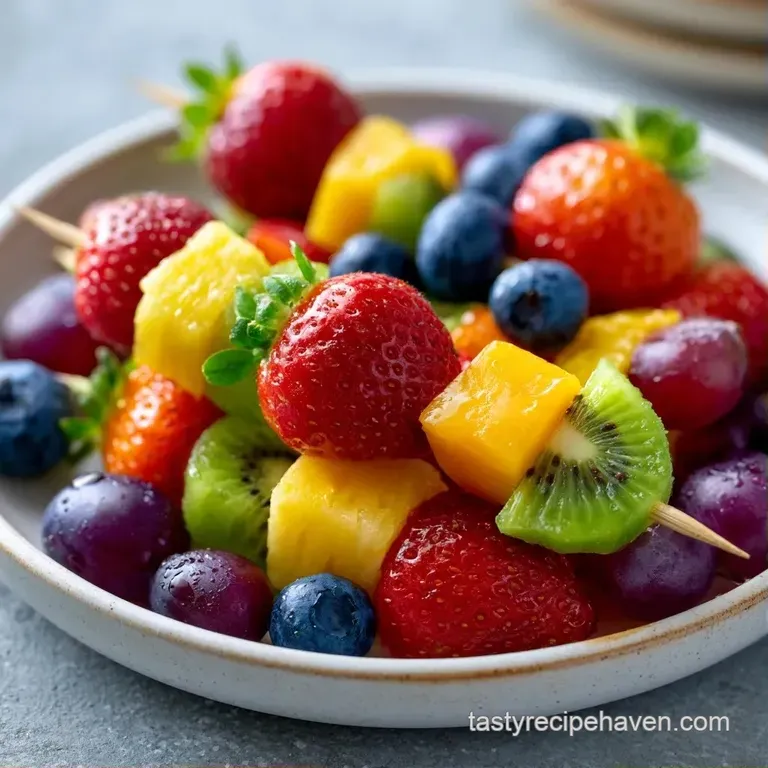 Rainbow-hued fruit pieces on wooden sticks arranged artistically with fresh mint leaves on a dark slate tray.