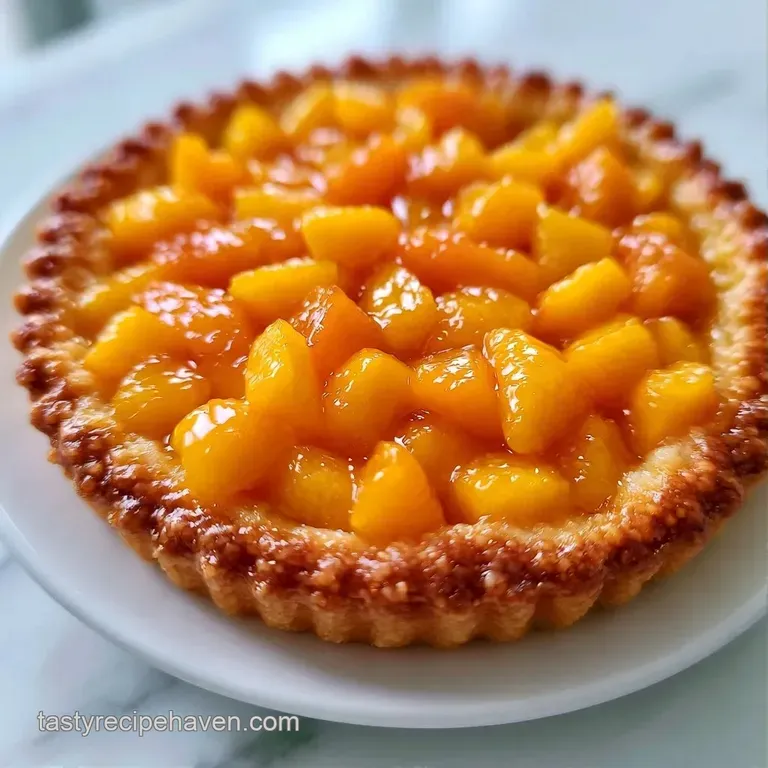 A stack of square pastry bars topped with glazed peaches, dusted with powdered sugar on a rustic linen napkin.