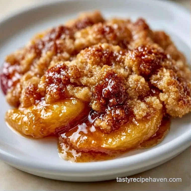 A scoop of vanilla ice cream melting over warm, golden oat crumble and juicy, amber-colored sliced peaches.