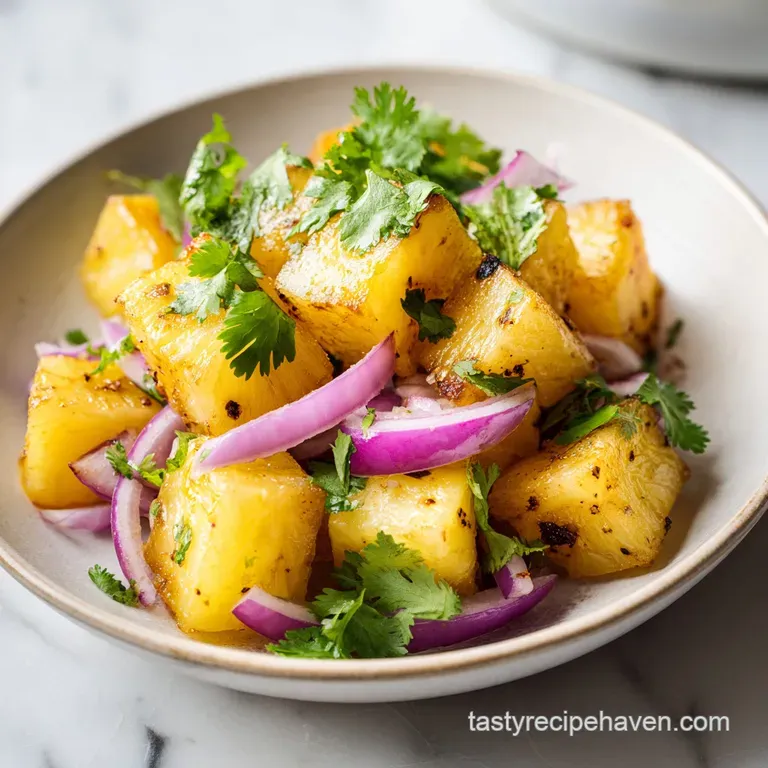Colorful medley of diced golden fruit and green herbs in a white ceramic bowl beside salty tortilla chips.