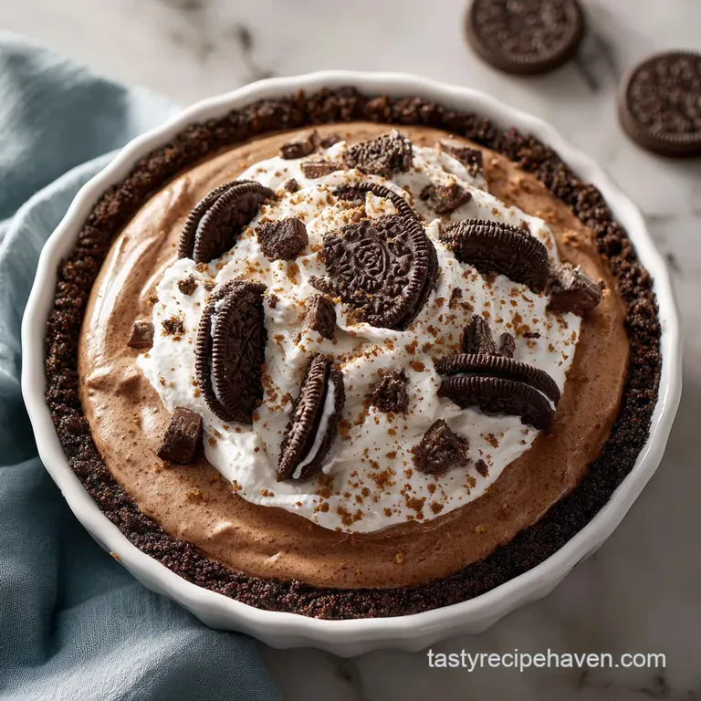 Slice of layered chocolate peanut butter pie with whipped cream, drizzled chocolate, and crunchy peanut butter cup pieces.