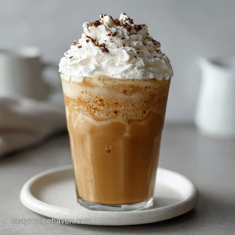Tall glass of blended iced coffee, decorated with chocolate shavings and a straw, sitting on a bright, modern countertop.