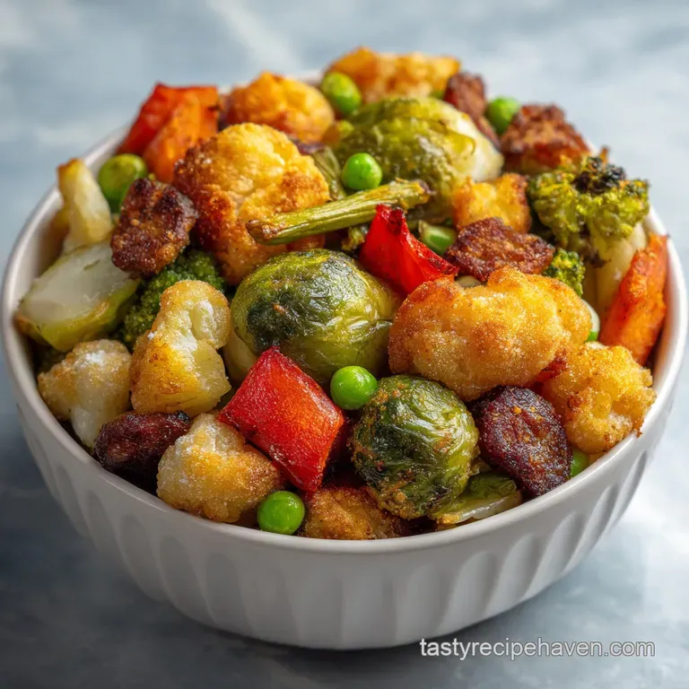 Bright green broccoli florets, golden carrots, and ruby red peppers arranged artfully on a white plate, steam rising delic...