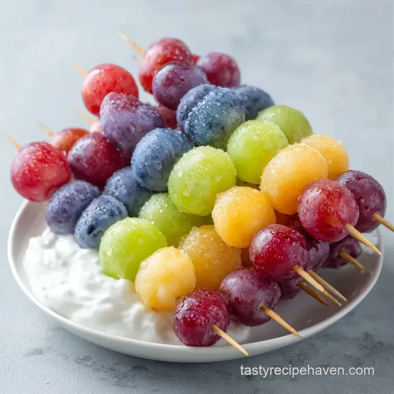 Brightly colored fruit skewers arranged in a fan shape on a matte black platter with contrasting neon hues.