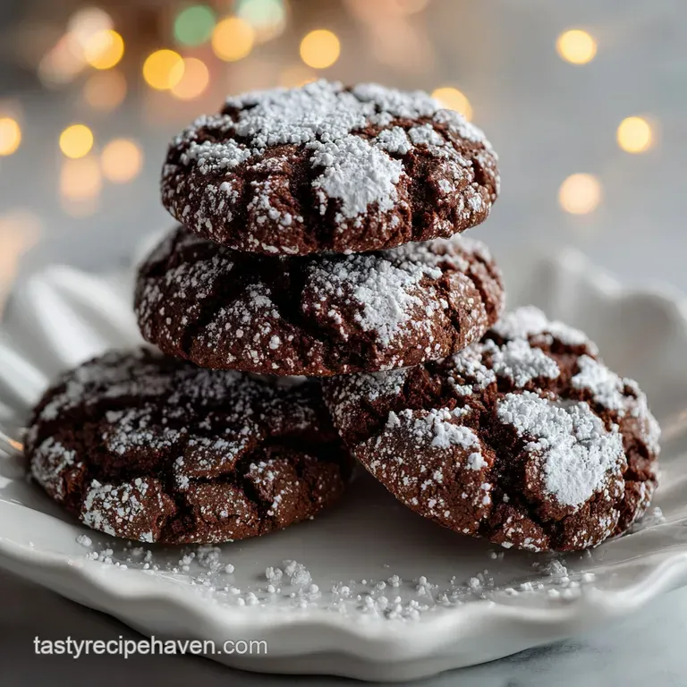 A stack of dark chocolate cookies, generously coated in white powdered sugar, displayed on a festive plate.