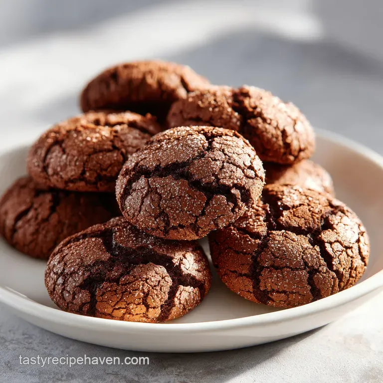 Stack of three fudgy chocolate crinkle cookies, dusted with powdered sugar on a rustic wooden surface, ready to eat.