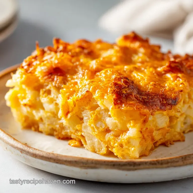 Creamy, golden Funeral Potatoes, plated with a sprinkle of fresh herbs. A comforting side dish ready to share, warm and in...