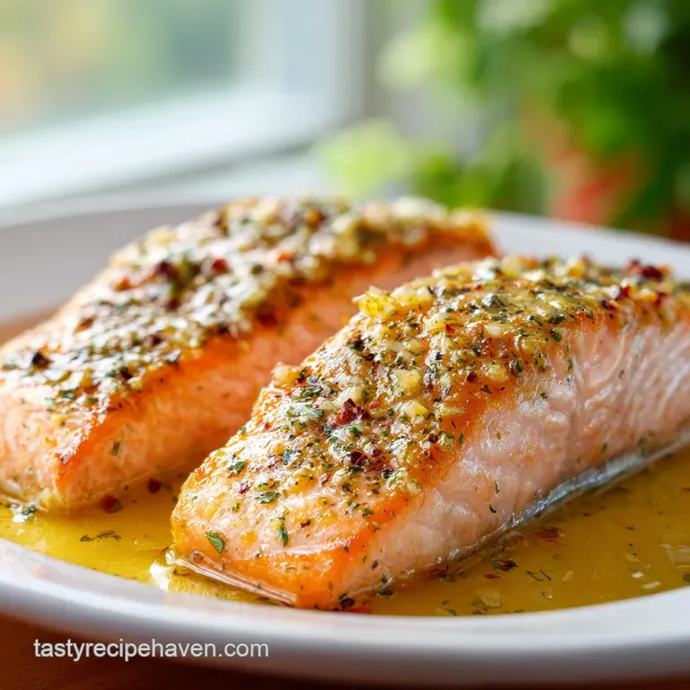 Flaky pink salmon fillet on a white plate with a lemon wedge and a drizzle of shimmering garlic butter sauce.