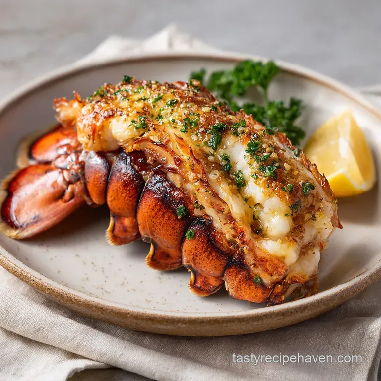 Elegant plating of a lobster tail: golden butter glistening, fresh herbs, a lemon wedge hinting at citrus brightness.