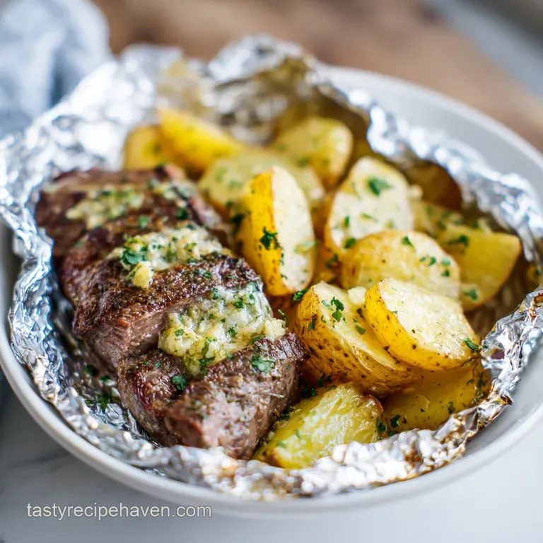 A beautifully plated steak and potato foil packet, steam gently rising, showcasing tender meat and roasted root vegetables.