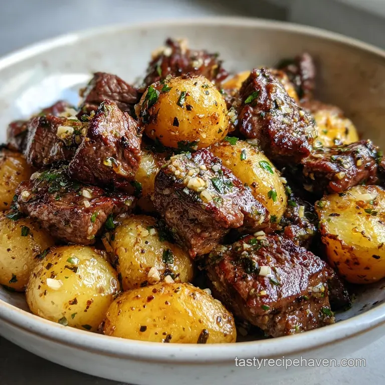 Perfectly seared steak fanned over a bed of rustic potatoes, glistening with butter and a sprinkle of fresh parsley.