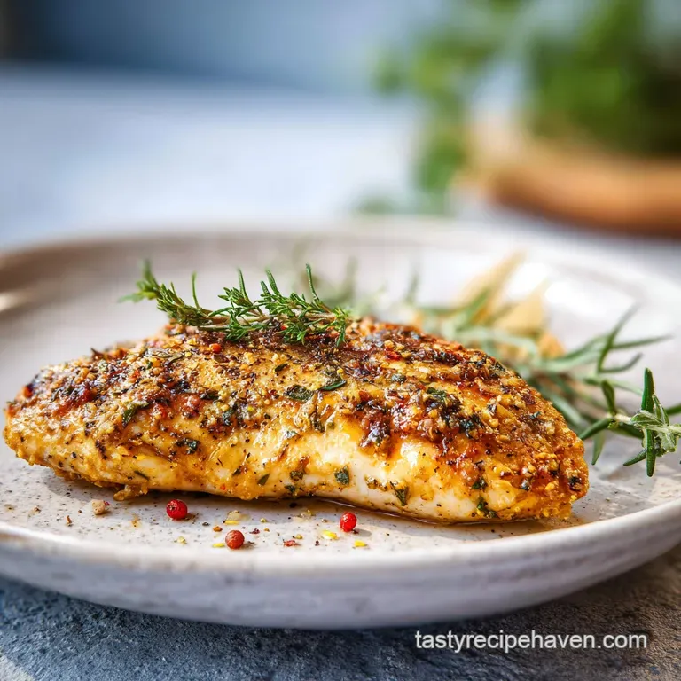 A perfectly cooked chicken breast sits atop fluffy white rice, drizzled with a rich pan sauce and fresh rosemary sprigs.