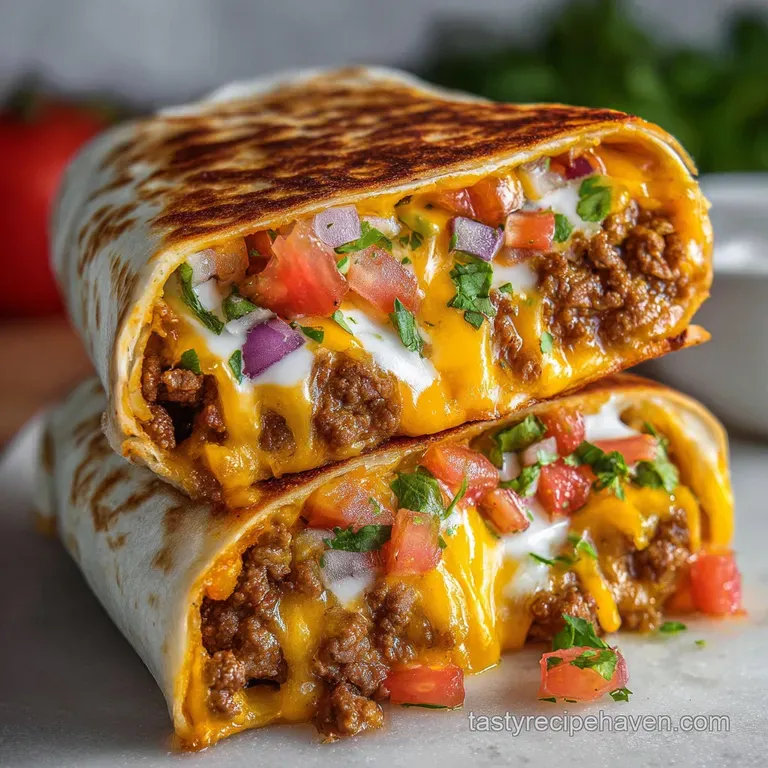 Crisp, golden burrito halves arranged on a white plate. Garnished with a vibrant mix of diced tomato, lettuce, and sour cr...