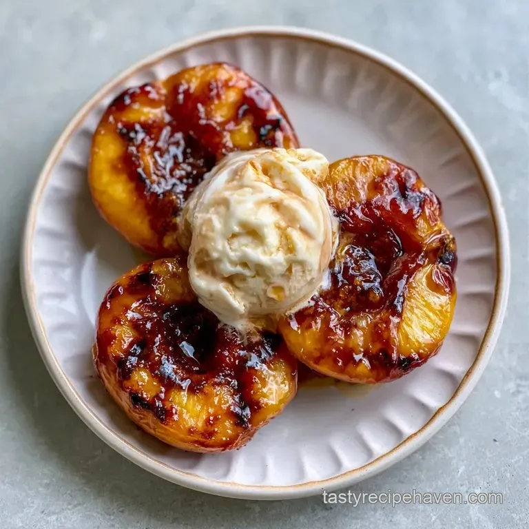 Sliced golden peach halves on a white plate with a melting scoop of vanilla cream and a drizzle of golden honey.
