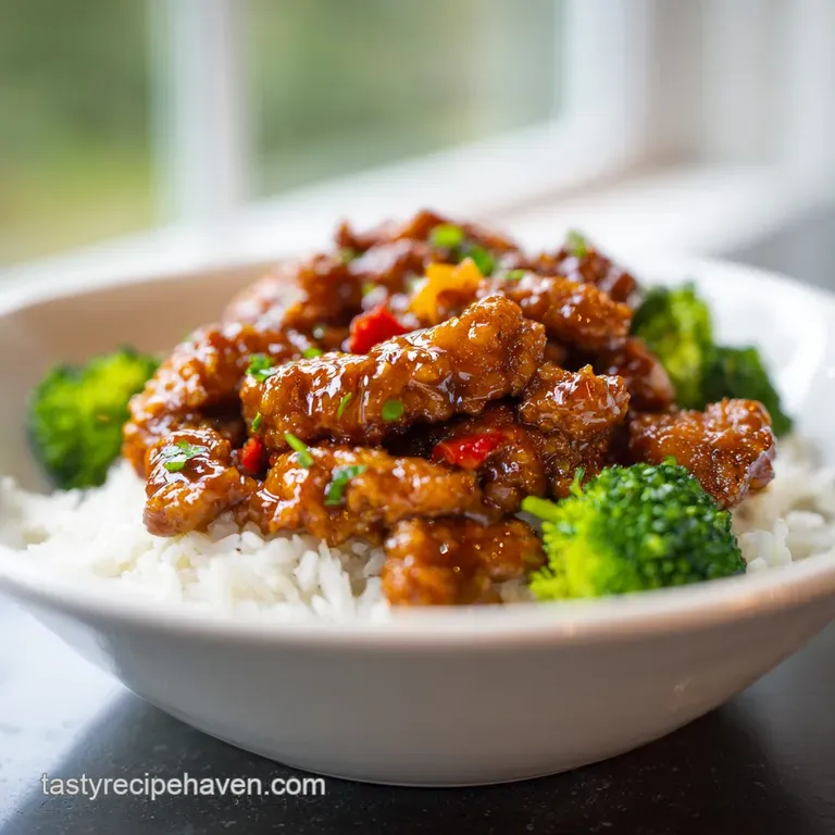Plated orange chicken with a delicate orange slice garnish. Steaming rice and a vibrant green sprig provide color.