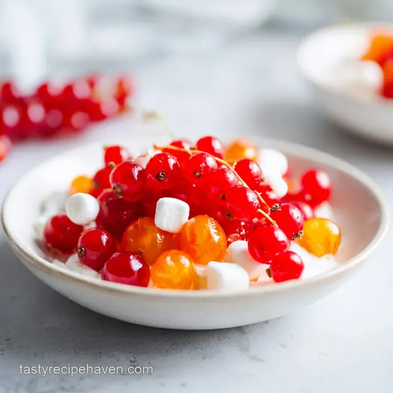 Elegant glass bowl filled with creamy white fruit salad, vibrant orange slices, and tiny fluffy white marshmallows.