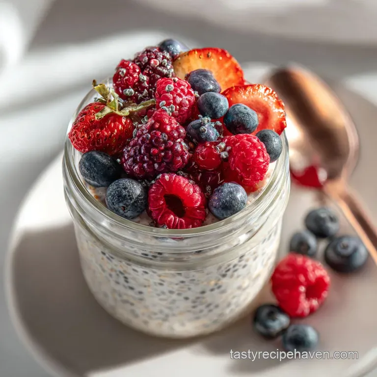 Elegant layered overnight oats in a glass, bursting with juicy blueberries, raspberries, and a dusting of golden granola o...