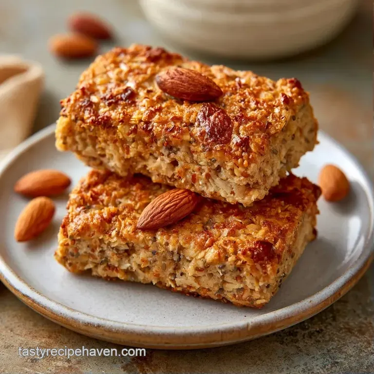 Neatly stacked rectangles of golden-brown granola bars on white parchment paper with a sprinkle of raw almond slivers.