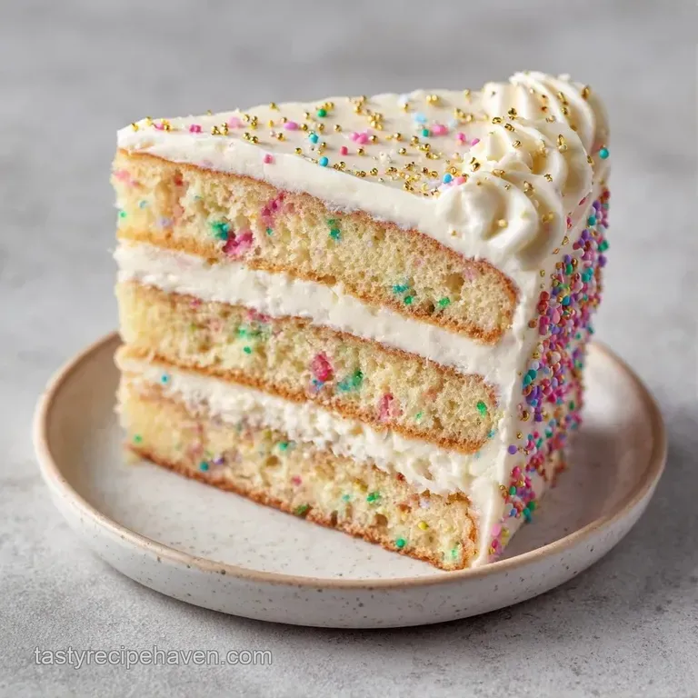 Three-tier cake with glossy frosting and gold ribbons, displayed on a marble stand with scattered confetti.