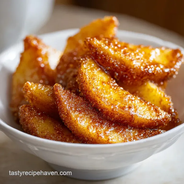 Golden, translucent apple slices coated in a thick cinnamon syrup served in a white bowl on a rustic linen cloth.