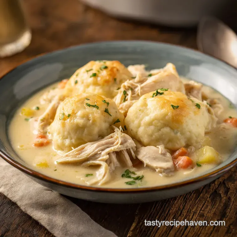 A single bowl of steaming, creamy chicken and dumplings, garnished with vibrant parsley, evokes warmth and comfort with ea...