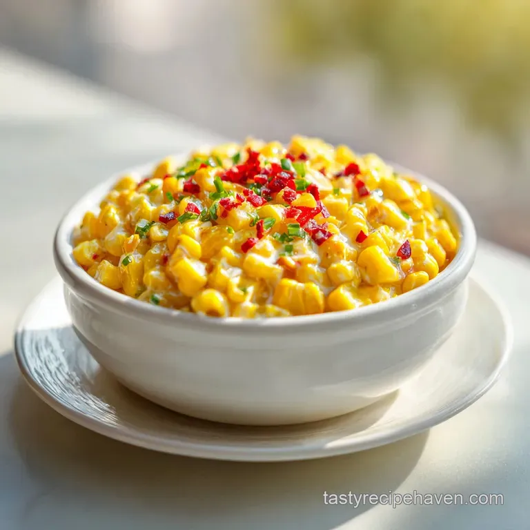 Elegant swirl of creamed corn, garnished with vibrant green chives, on a white plate; a simple, yet refined side dish.