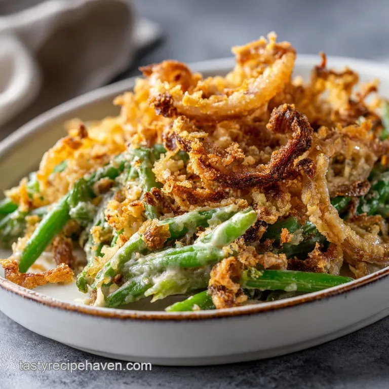 A spoonful of vibrant green bean casserole lifted from a white dish, steam rising, topped with crisp, golden-brown fried o...