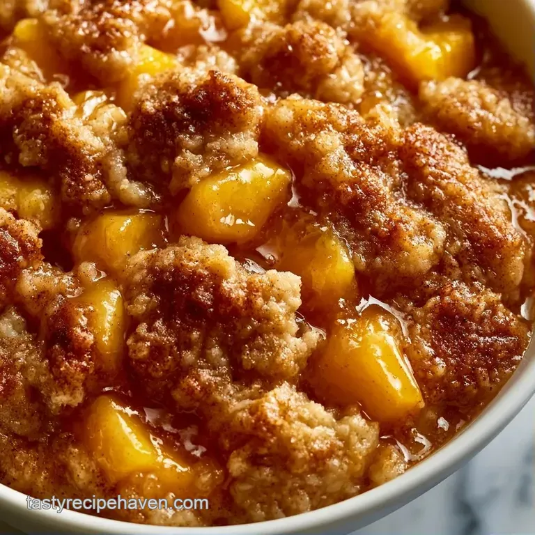 A slice of warm, golden fruit crumble topped with a melting scoop of vanilla ice cream on a white ceramic plate.