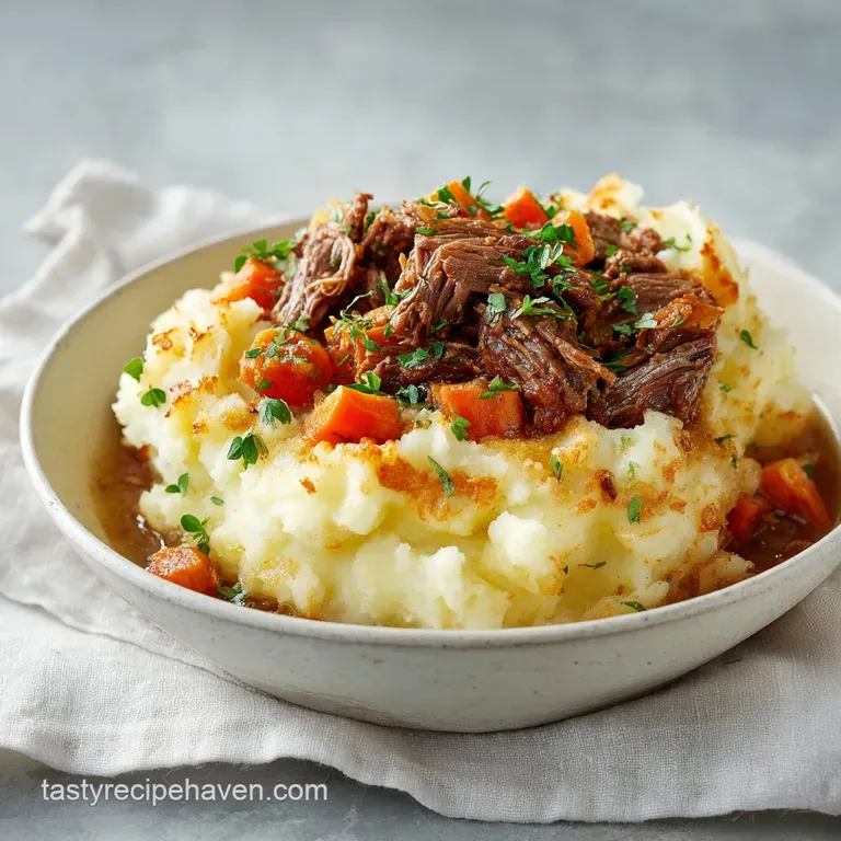 A precise square of savory meat pie on a white plate, topped with creamy swirls of potato and a fresh parsley sprig.