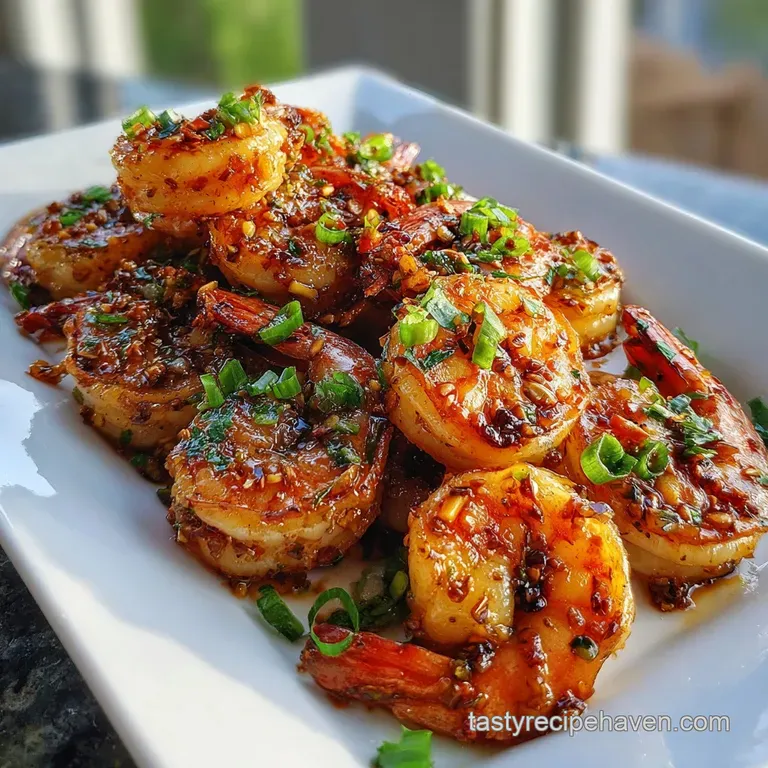 Plump shrimp coated in honey-garlic sauce, served on a bed of fluffy rice, garnished with green onions. Elegant, tasty dish.