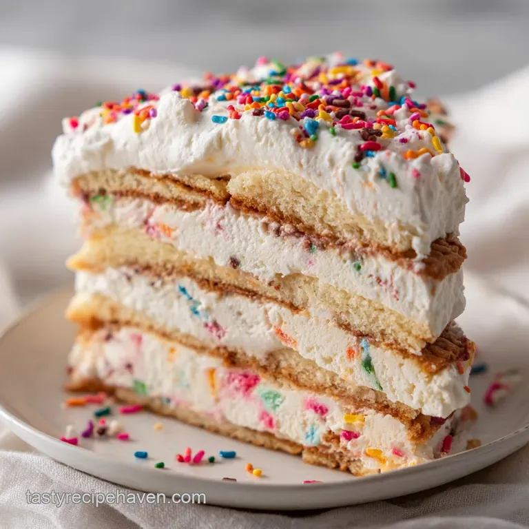 A slice of layered ice cream sandwich cake on a white plate, vibrant with colors and varied textures.