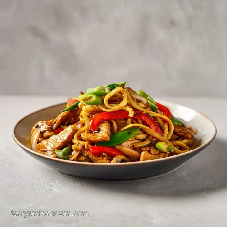 Tender chicken and colorful vegetables served over fluffy white rice in a ceramic bowl with a garnish of sesame seeds.