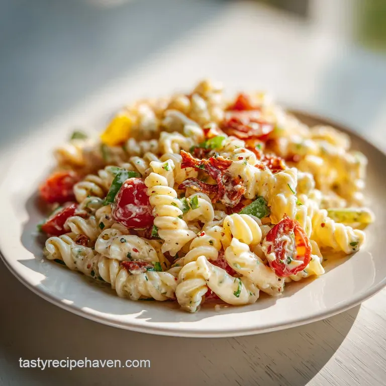 A neatly arranged serving of jewel-toned pasta salad in a white bowl, showcasing fresh herbs and crisp textures.