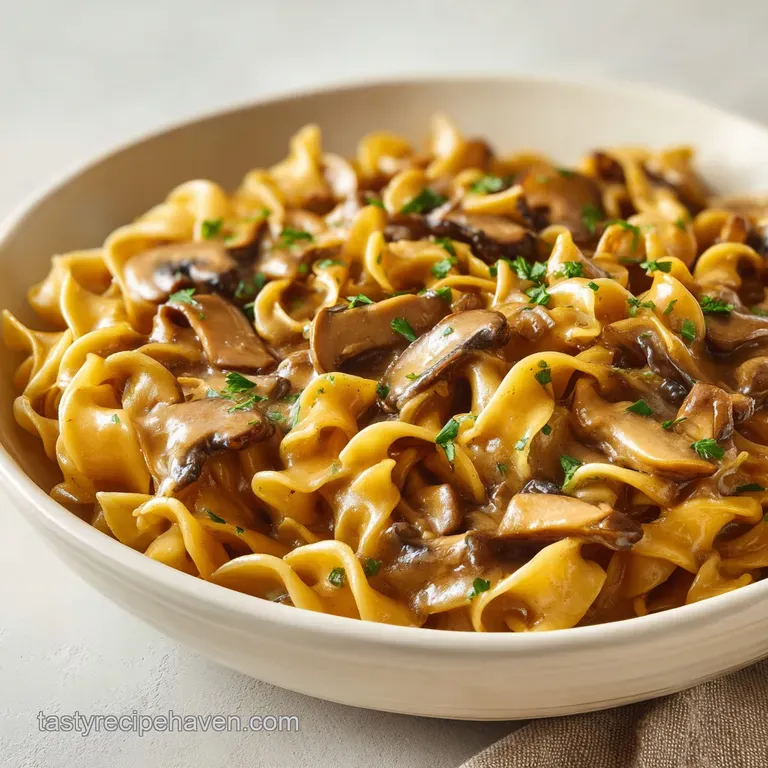 A heap of tender egg noodles smothered in savory brown gravy, served in a white ceramic bowl with a sprig of herbs.