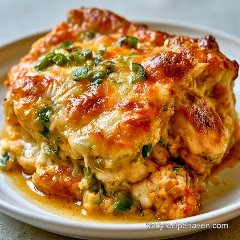 A serving of creamy chicken and toasted cheese topped with fresh green peppers on a white plate with parsley garnish