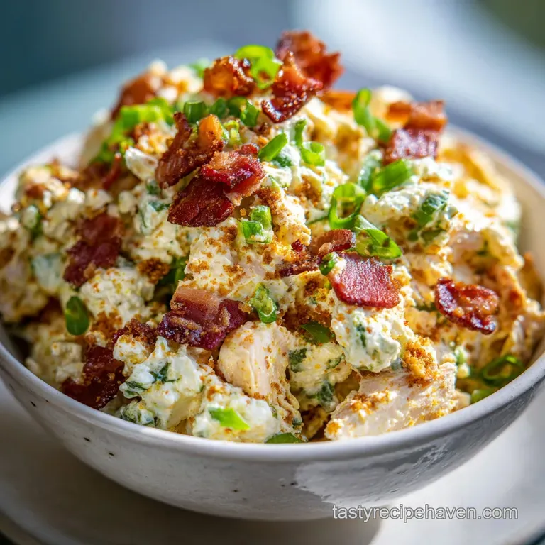 A scoop of chunky chicken salad crowned with crispy bacon bits and fresh cilantro on a plate.