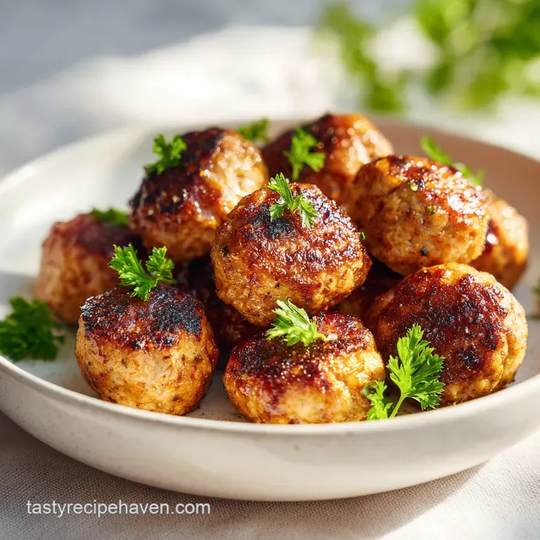 Three browned meat spheres nestled in a pool of glossy tomato sauce, topped with a dollop of creamy ricotta cheese.