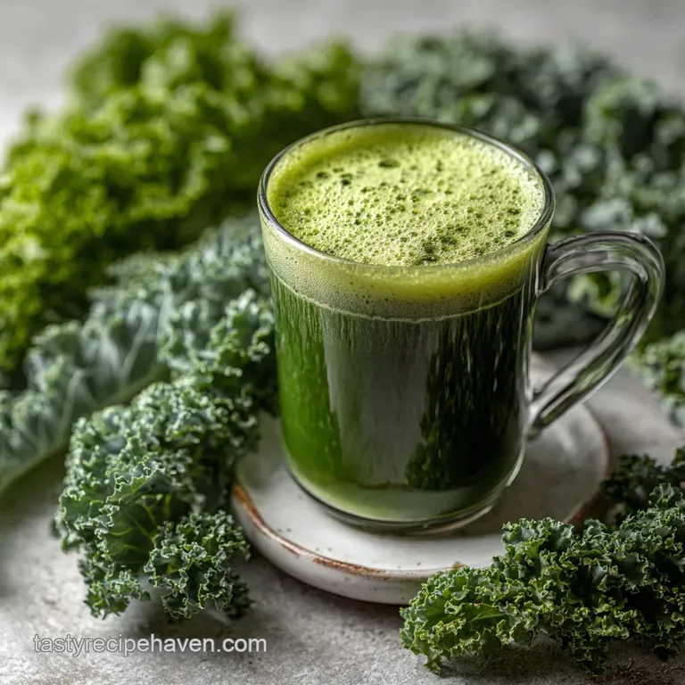 Tall glass of jade-green kale juice beside bright curly kale, lemon wedges, and a silver juicer on a rustic wooden table.