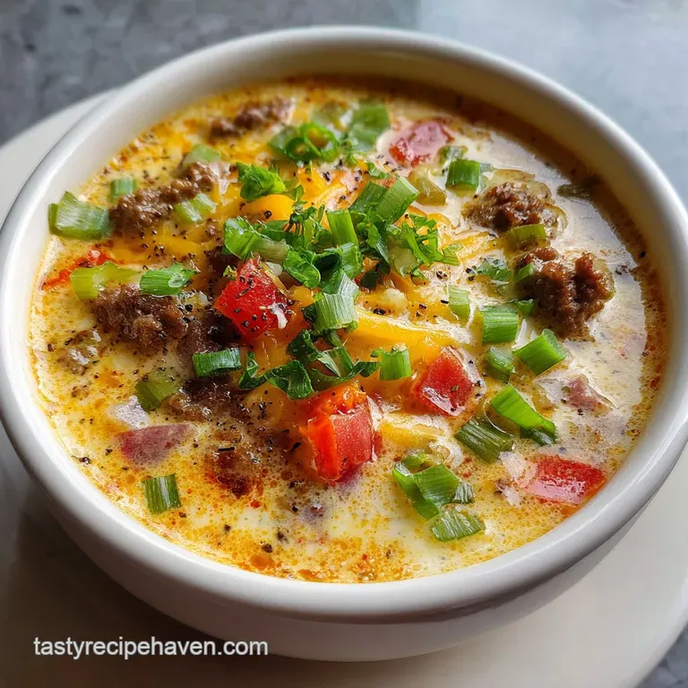 A steaming bowl of rich soup, sprinkled with herbs. Melted cheese clings to a spoon. A comfort food delight!