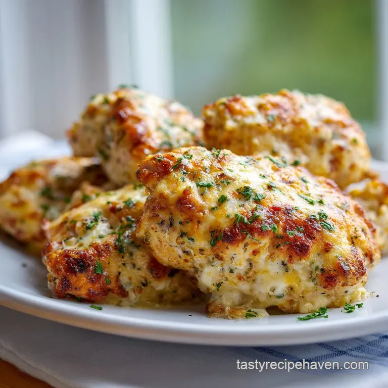 Plump, cheesy chicken thigh resting on a rustic plate with fresh parsley garnish.