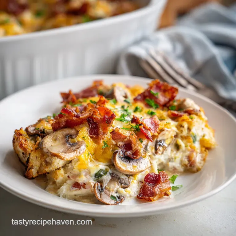 A generous scoop of creamy chicken mushroom casserole presented elegantly with a swirl of sauce and a garnish.