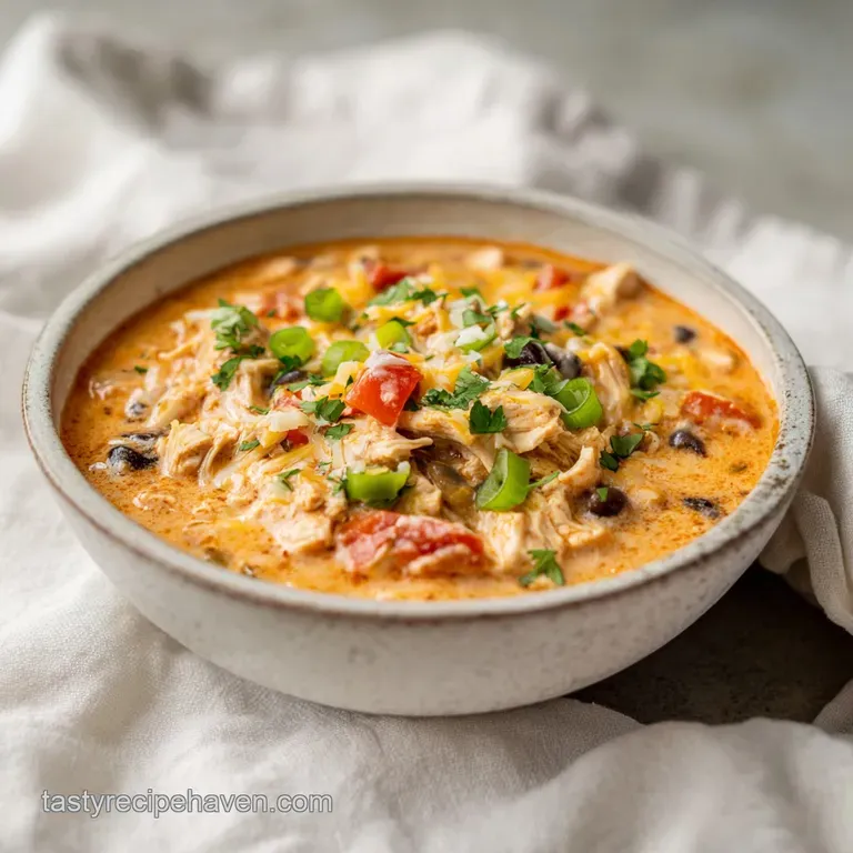 A vibrant bowl of creamy chicken chili, topped with a dollop of sour cream and a sprinkle of cilantro.