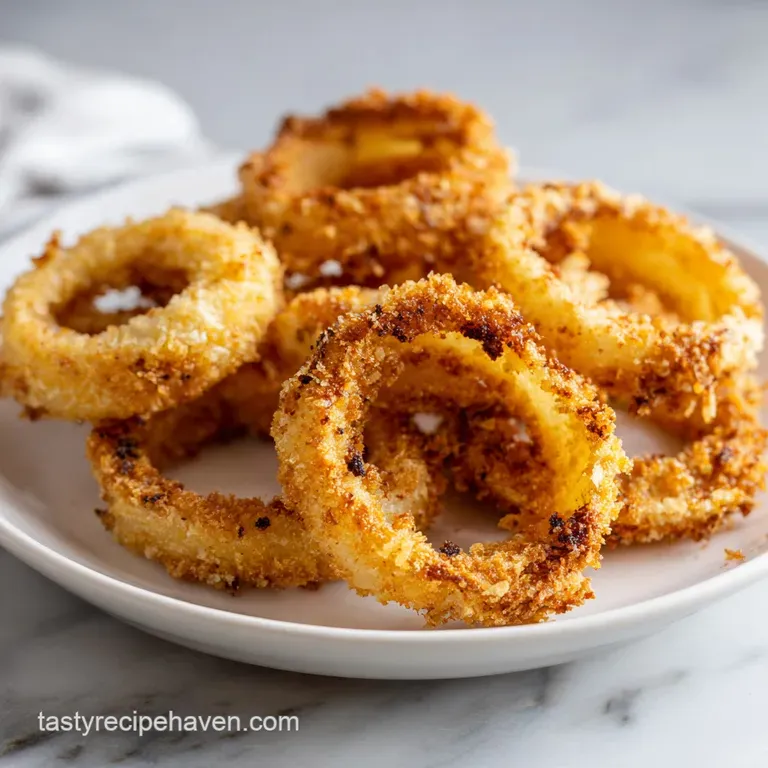 Stack of crispy onion rings served with a creamy dipping sauce, herbs sprinkled. Light reflects off the glossy sauce.