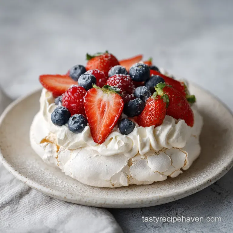 Delicate meringue nest filled with ruby-red raspberries and blueberries, a light dusting of powdered sweetness.