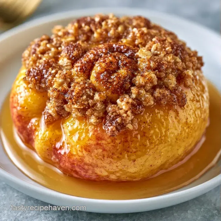 Slices of yellow peaches artfully arranged on a white ceramic plate with a glistening swirl of clear honey.